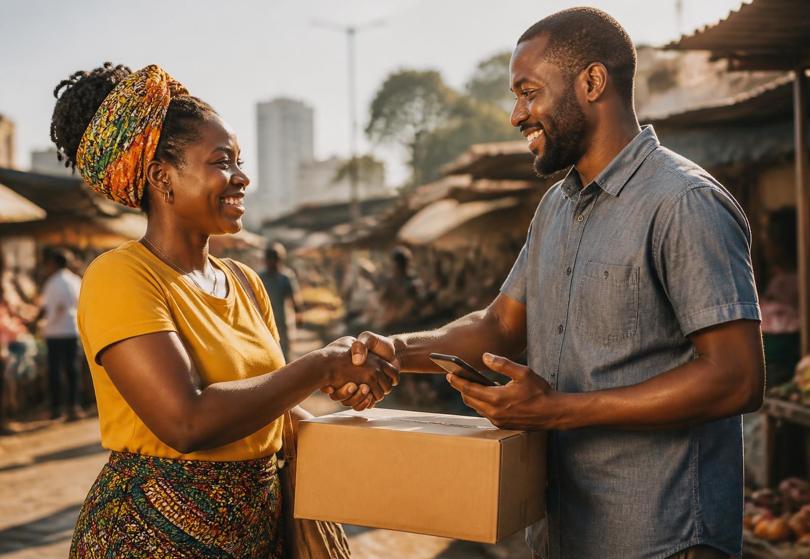 A buyer and seller shaking hands over a parcel at a market in Harare